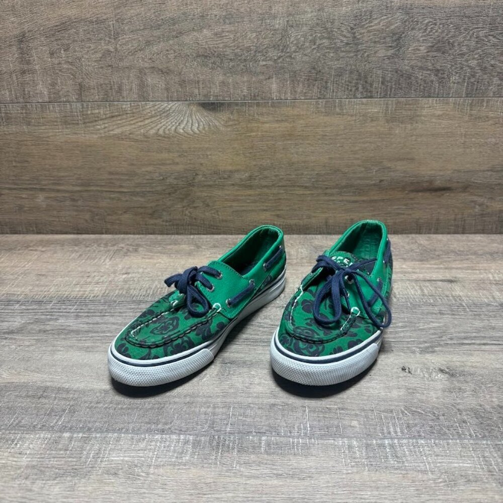 Sperry Top Sider Green Canvas Floral Print Boat Shoes Women's Size 6